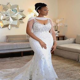 Elegant African White Straps Mermaid Wedding Dresses Appliques Lace Beaded Crystals Cape Sleeve Long Tassel Bridal Gowns Plus Size Vest 322G