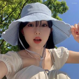 Wide Brim Hats Korean Version Plaid Big Eaves Sunshade Bucket Hat Women Spring And Summer Thin Breathable Windproof Lace Foldable Sun Cap
