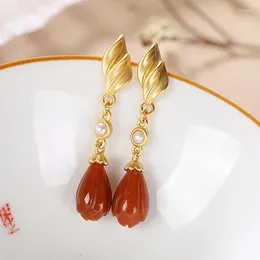 Dangle Earrings Ancient Gold Craftsmanship Inlaid With Southern Red Tourmaline Pearl Flower Long Chinese Style Classical Jewellery