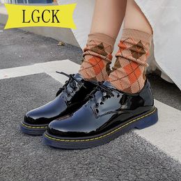 Casual Shoes Plus Size 34-43 British Thick Sole Women Loafers Black Leather Flat Woman Round Toe Lace-Up
