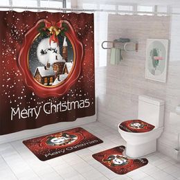 Shower Curtains 3D Merry Christmas Pattern Fabric Curtain Snowman Santa Father Bell Elk Anti-skid Bath Rugs Carpet Toilet Lid Cover Set