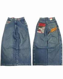 harajuku JNCO Jeans New Gothic High Waisted Wide Trousers Retro Blue Pants Y2K Mens Hip Hop Dice Graphic Embroidered Baggy Jeans D7vN#