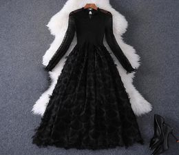 2020 Summer Long Sleeve Round Neck Black Pure Colour Tulle Panelled MidCalf Dress Elegant Casual Dresses MQ30879667675857