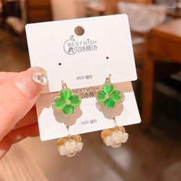 Dangle Earrings 925 Silver Needle Japan And South Korea Exquisite Zircon Four-leaf Flower Clover Fashion Ins Wind French Retro Jewelry