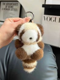 Plush Keychains Cute raccoon real mink leather keychain plush toy pavilion womens bag hanging accessories car keys metal rings pendants childrens classic gifts G24