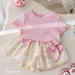 Clothing Sets 1-6Y Baby Girls Summer Set Korean Style Kids Lace Bow Short Sleeve Pink T-shirt Floral Shorts Skirts 2Pcs Children Clothes