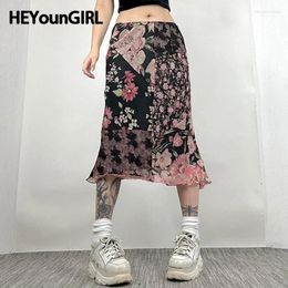 Skirts HEYounGIRL Irregular Floral Print Y2K Mid Skirt Women Fashion Streetwear Vintage Contrast Patchwork Cute Sweet Long Summer