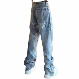 High Street's High Street Ricordini ricamati jeans larghi Fi in stile blu sciodo hip-hop pantaloni fiochi sciolti 4690#
