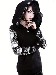 Women's Hoodies Y2K Gothic Moon Hoodie - All-Season Zip-Up With Front Pocket | Comfortable Polyester Blend Geometric Pattern
