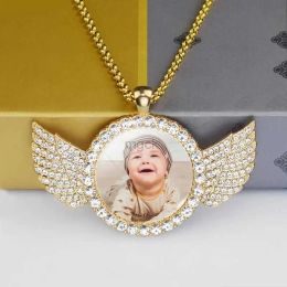 Necklaces Pendant Necklaces Custom Baby Photo Angel Wings Pendant with Long Chain Rhinestones Necklace Personalised Glass Dome Picture Custo