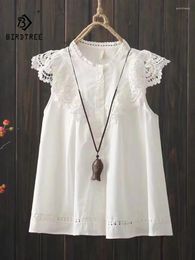 Women's Blouses Summer Cotton Casual Sleeveless Shirt Women Lace O Neck Embroidery Top Girl Loose Sweet Fashion Blouse 2024 Autumn T46103QC