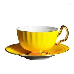 Cups Saucers Minimalist Bone China Cup Luxury Nordic Solid Yellow Modern Afternoon Tea Xicaras Office Coffee And Saucer Set MM60BYD