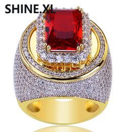 HipHop Classic Gold Color Plated Cubic Zircon Big Red Stone Ring Personality Fashion Glamour Jewelry Lover Gift3306691
