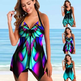 Plus Size Two Pieces Swimsuits Womens Printed Summer Big Swimsuit Tankini Beach Suit Sexy Backless Bikini Swimsuit 240530