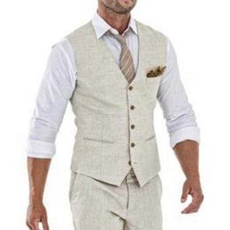 Men's Vests Mens Beige Linen Vest Summer Wedding Suit One-piece Waistcoat V-neck Custom Groom Tuxedo Waistcoat Fashion0aj2
