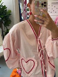 Women's Blouses Women Elegant Plaid Shirt 2024 Fashion Female Summer Tops Ladies Lace Up Long Sleeve V-Neck Love Print Blouse