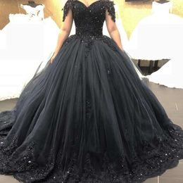 Sweetheart Black Ball Gown Wedding Dresses Robe De Mariee Cap-Shoulder Applique Court Train Formal Bridal Gowns 0605