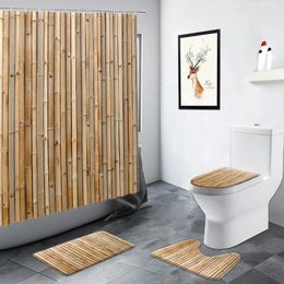 Shower Curtains Chinese Style Bamboo Curtain Green Plants Birds Natural Scenery Bathroom Decor Non-slip Rug Bath Toilet Mats Set