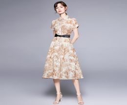 Summer Casual Yellow Print Shirt Dress Woman Designer Short Sleeve Lapel Button Elegant Slim ALine Party Dresses 2022 Women Cloth1706474