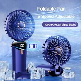 Tools 3000mAh Handheld Mini Fan Foldable Portable Neck Hanging Fans 5 Speed USB Rechargeable Fan with Phone Stand and Display Screen
