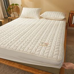 Cotton Quilted Fitted Mattress Cover Solid Color Soy Fibre Sheet Soft Bed Topper Protector No Pillowcase 240601