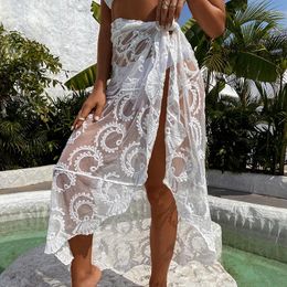Sexy Style Lace Sun Protection Shawl Fashion Solid Color See-Through Beach Sarong Dress Summer Vacation Women Bikini Cover-Ups