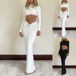 Work Dresses Sexy 2 Piece Set Outfits For Women Club Party Top And Dress Sets Elegant White Long Sleeve Ruched Matching Maxi Skirt