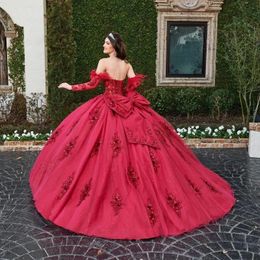 Luxury Princess Quinceanera Dresses With Bow Back Sweetheart Corset Long Burgundy Birthday Party Sweet 16 Dress Glitter Sequins Tulle Ball Gown Vestido De 15 Anos