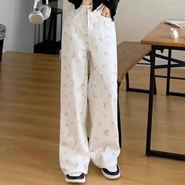 Women's Jeans Female American High Waisted Denim Straight Leg Girls Korean Floral Baggy Wide Pants Women Kawaii White Loose Trousers