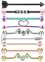 9PC 14G Industrial Barbell Piercing Ear lage Helix Stud Straight Long Bar Earring Body Jewellery Women4661800