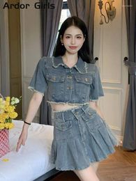 Work Dresses Denim Jacket Skirt Suits Woman Short Sleeve Single Breasted Coat Pleated Mini Skirts Sets 2024 Spring Y2k Female 2 Piece Set