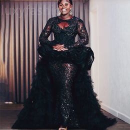 Aso Ebi 2024 Black Mermaid Prom Dresses Lace Beaded See Through Evening Party Formal Second Reception Birthday Enagement Thanksgiving Dress Gowns LF084