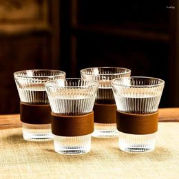 Wine Glasses 1pc Glass Coffee Cups Japanese Style Tea Cup With Sleeve Simple Striped Mugs Beer Milk Juice Cold Water