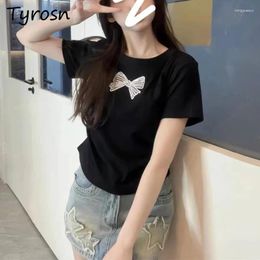 Women's T Shirts Women T-shirts Embroidery Skin-friendly Soft Shirring Youthful Slim Bow Summer American Style Clothing Vintage Leisure