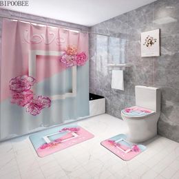 Shower Curtains Pink Flowers Bathroom Polyester Fabric Modern Curtain Love Valentine's Day Toilet Lid Cover Rug Anti-slip Carpet