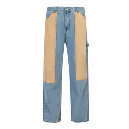 Men's Jeans Contrast Colour Pockets Washed Blue Baggy Denim Trousers Mens And Women Straight Patchwork Loose Casual Oversize Cargos