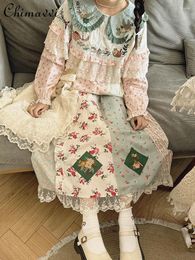 Work Dresses Fashion Retro Green Embroidery Doll Collar Shirt Midi Skirt Girly Style Lace Flounce Stitching Floral Pastoral Two-Piece Set