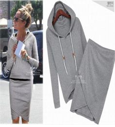 Two Piece Dress Women Sweat Suit Pure Colour Europe And America Long Sleeve Hooded Top Irregular Tight Skirt Casual Pieces Sweate8730152