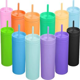 16oz Acrylic Tumblers Matte Colors Double Wall 500ml Tumbler Coffee Drinking Plastic Sippy Cup With Lid Straws GYQ