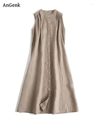 Casual Dresses 2024 Summer Cotton Vintage Solid Colour For Women Loose Long Dress Elegant Office Lady Vestidos Femme Robe Clothes