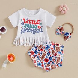 Clothing Sets Toddler Baby Girls Summer Outfits Letter Print Tassel Short Sleeve T-Shirt And Cow Floral Shorts Cute Headband Set