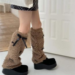 Women Socks Bow Lamb Hair Winter Warm Plush Boots Cover Half Y2K Gothic Lolita Kawaii Jk Accessories