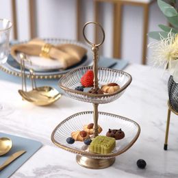 Plates Retro Brass Carved Double Glass Fruit Plate Tray Afternoon Tea Dessert Stand Household Dried Nut Table Storage