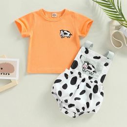 Clothing Sets 0-24months Baby Girls Romper Set Short Sleeve Embroidery Cow T-Shirt With Dots Print Suspender Infant Outfits