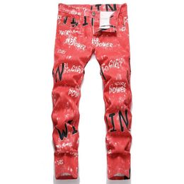 Men's Jeans Denim Jeans For Men Letter Printed Red Fashion Straight High Quality Dropship Trousers Daily Party Trend High Strt Party Pants Y240603UETM