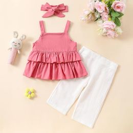 Clothing Sets 3PCS Girl's Solid Colour Pink Ruffled Edge Suspender Top White Pants Headscarf Casual Cotton Soft For Summer Children Girls