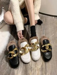 Big Metal chain cork slippers women warm plush winter shoes woman mules thicken soled closed toe shearling slides 2021 X094322581