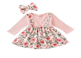 Kids Clothing Sets Girls Long Sleeve Solid Top Floral Suspender Skirts Headbands 3PcsSets Boutique Infants Casual Clothes M277294678