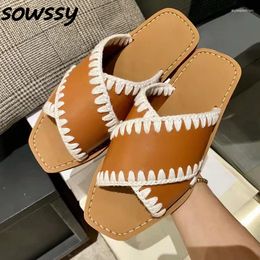 Slippers 2024 Summer Square Toe Hand Made Sandals Women Peep Fashion Flat Shoes Outside Cross Belt One Word Casual Beach