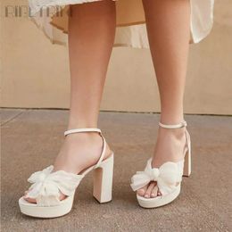 Brand Design Platform Pleated Bow Heel Womens Sandals Open Toe Block High Heels Strappy Wedding Bridal Dress Summer Shoes Woman 240605